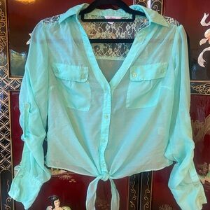 Candies Sea-foam Sheer Long-Sleeve Button-Up Tie Top, Size S